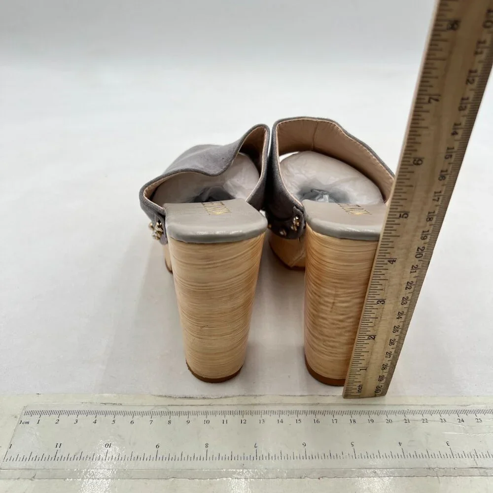 miss left Grey Platform Chunky High Heel Mules Open Toe Studded Slide Sandal